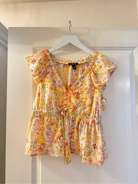Ann Taylor Yellow Floral V-Neck Tie-Front Ruffle Sleeve Blouse